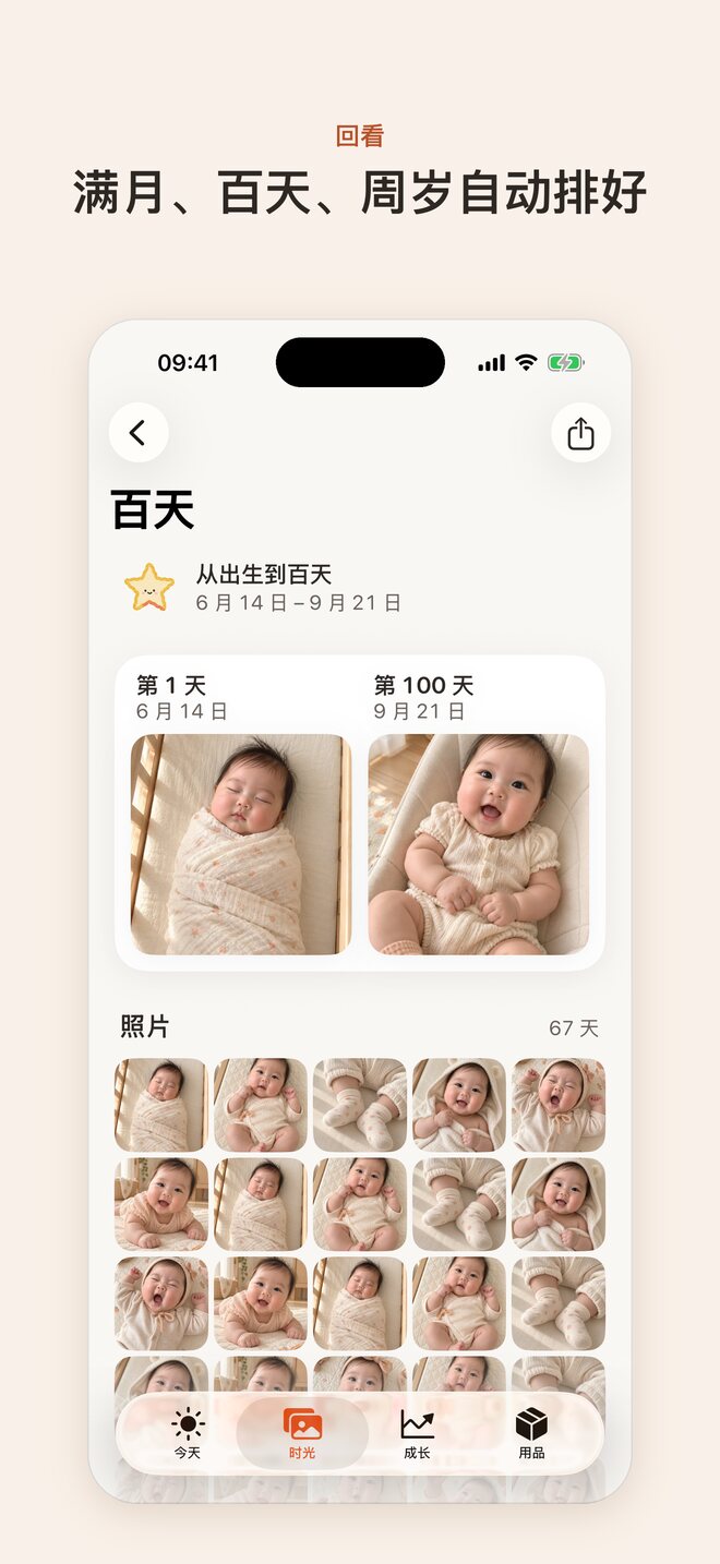 回看：满月、百天、周岁自动排好